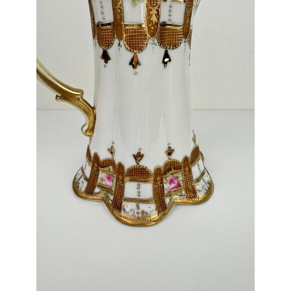 NIPON Porcelain Hand-Painted Chocolate Pot Pink Rose Gold Raised Beaded Gilt VTG - Picture 3 of 13